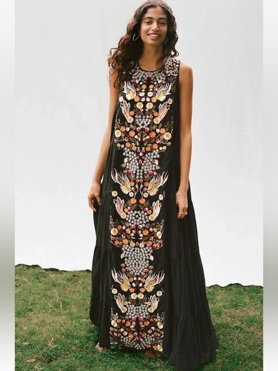 Anthropologie Dresses & Skirts - Anthropologie Jacaranda Tiered Maxi Dress Embroidered Floral Black Sz 6 NWT